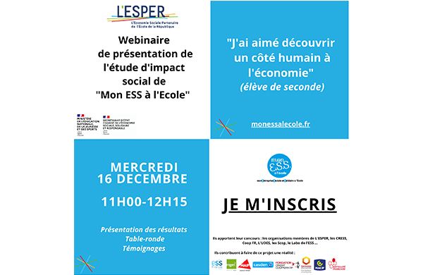 L'ESPER : Invitation à un webiaire de présentation de l'étude d'impact du dispositif "Mon ESS à l'Ecole"